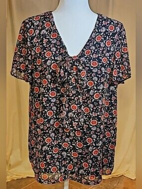 ✨️UPDATED✨️Pleione Floral Chiffon Tie-Neck V-Neck Blouse Top Pristine